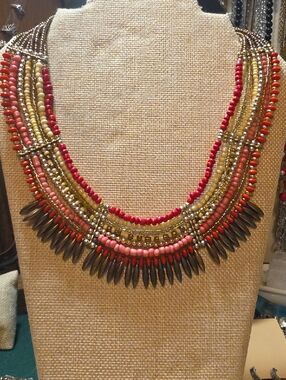 Stella & Dot Multi-Strand Beaded Necklace in Red, Coral and Gold